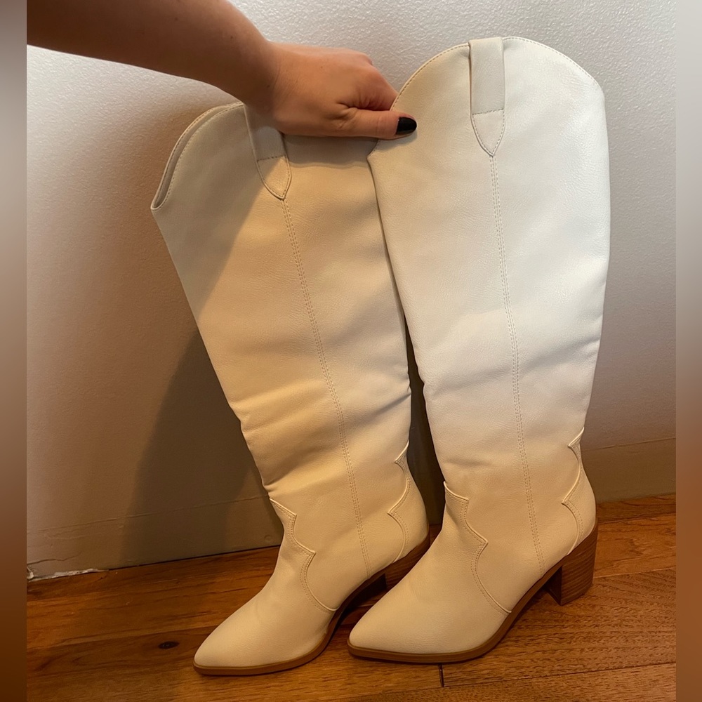 Knee high off white boots